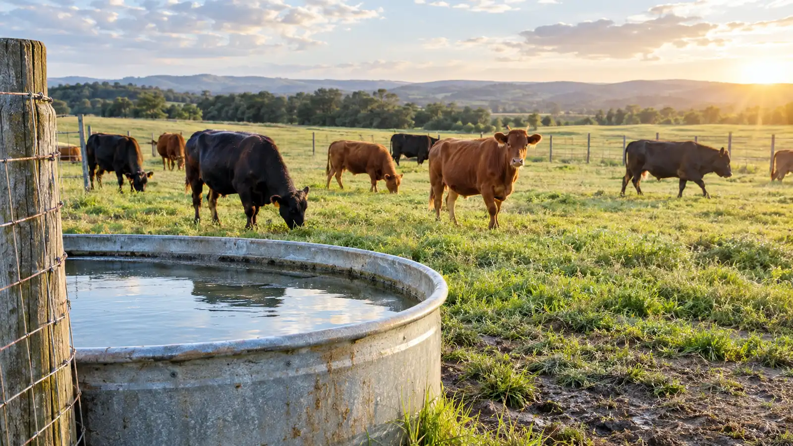 Livestock farming on pasture, with beef cattle grazing a fenced paddock and a water trough in the foreground